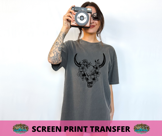 SINGLE COLOR SCREEN PRINT -   COW SKULL FLORAL