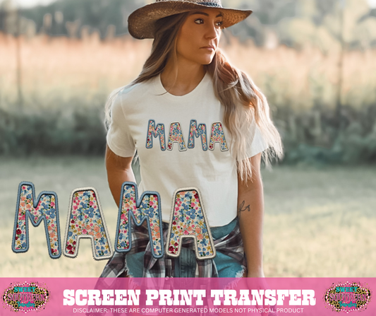 FULL COLOR SCREEN PRINT - MAMA FAUX EMBRODIERY (DUSTY BLUE)