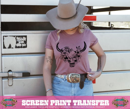 SINGLE COLOR SCREEN PRINT - FLORAL WESTERN SKULL