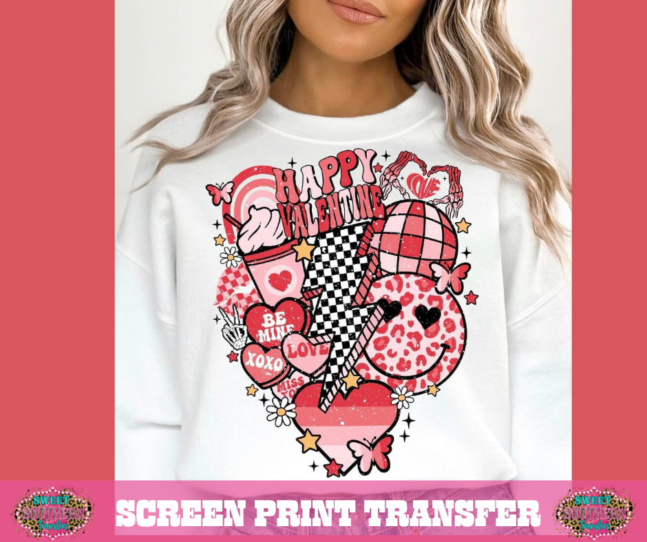 FULL COLOR SCREEN PRINT TRANSFERS - HAPPY VALENTINES BOLT SMILEY TRENDY