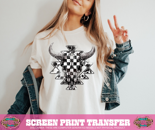 SINGLE COLOR SCREEN PRINT - SKULL CHECKERED AZTEC