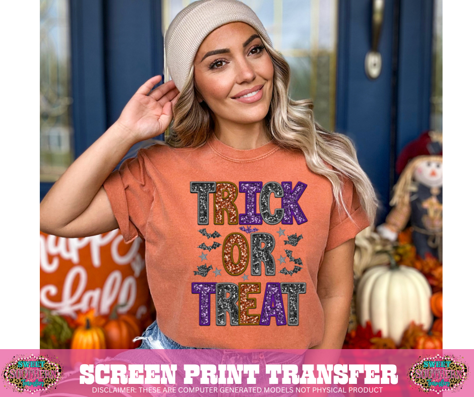 FULL COLOR SCREEN PRINT -  TRICK OR TREAT GLITTER