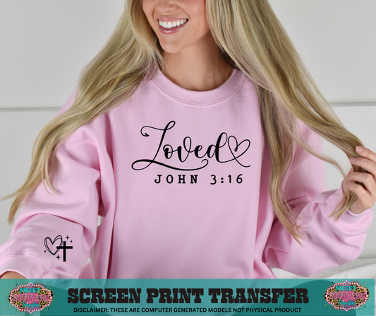 SINGLE COLOR SCREEN PRINT TRANSFER   - LOVED JOHN 3:16