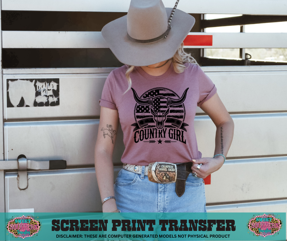 SINGLE COLOR SCREEN PRINT TRANSFER   - COUNTRY GIRL SKULL AMERICAN SKULL