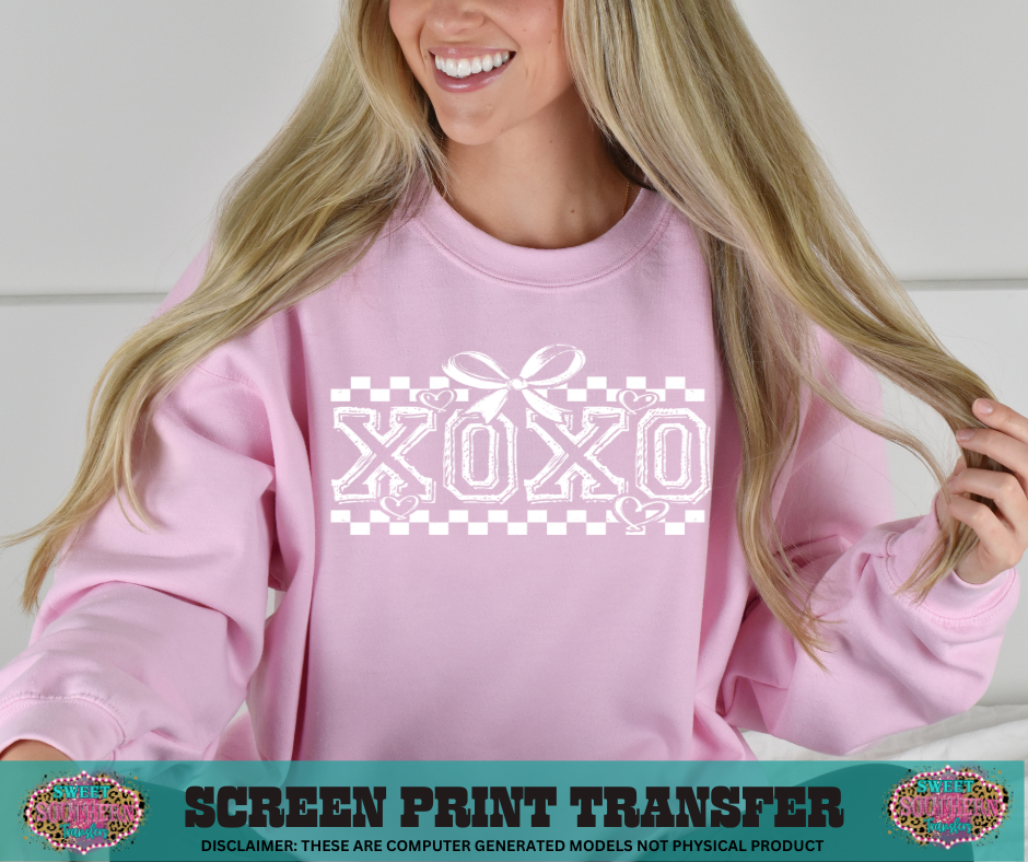 SINGLE COLOR SCREEN PRINT TRANSFER   - XOXO CHECKERED HEART BOW