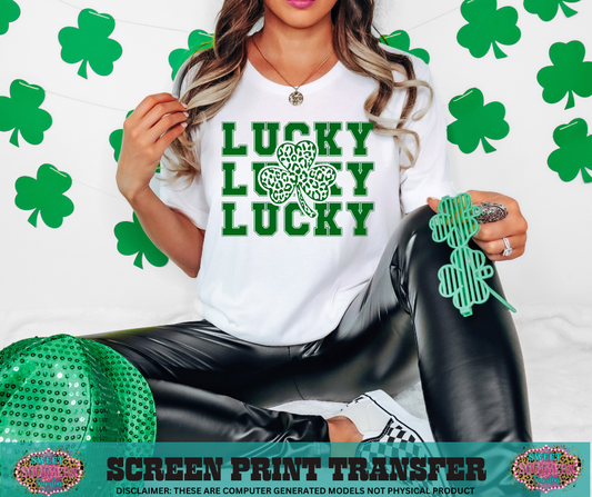 SINGLE COLOR SCREEN PRINT TRANSFER   - LUCKY STACKED CLOVER CHEETAH