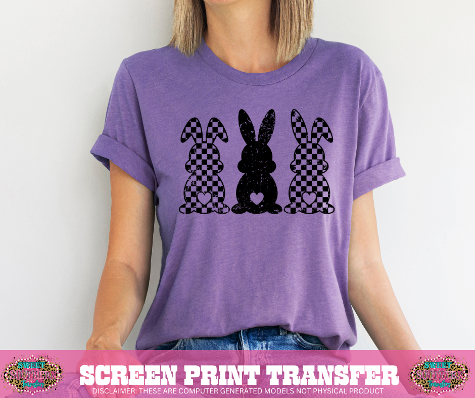 SINGLE COLOR SCREEN PRINT TRANSFER   - CHECKERED BUNNIES (3)