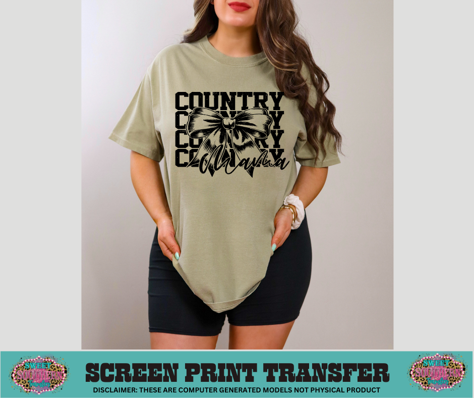 SINGLE COLOR SCREEN PRINT TRANSFER   - COUNTRY MAMA STACKED BOW