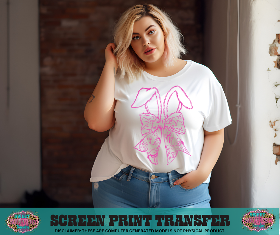 SINGLE COLOR SCREEN PRINT TRANSFER   - EASTER BUNNY BOW OUTLINE