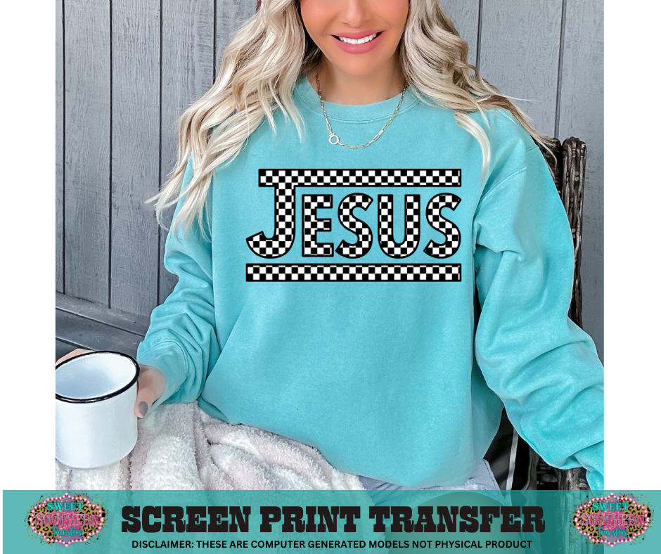 SINGLE COLOR SCREEN PRINT TRANSFER   - JESUS CHECKERED