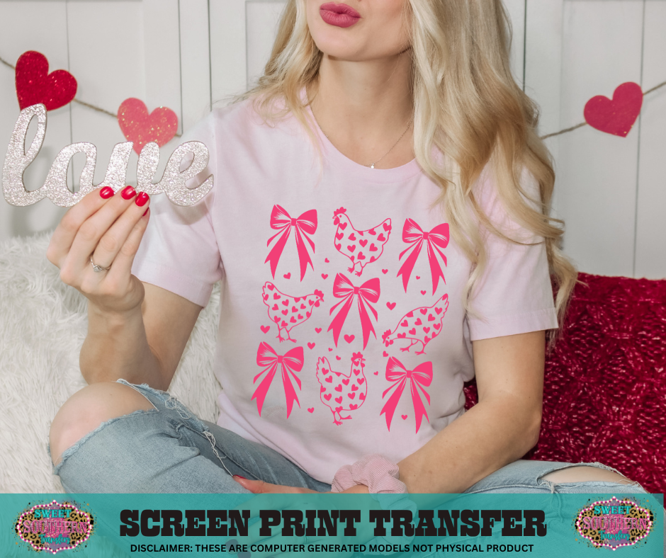 SINGLE COLOR SCREEN PRINT - CHICKEN VALENTINES BOW