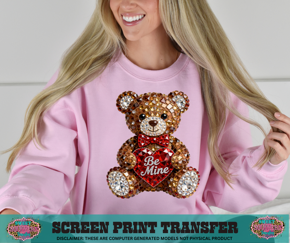 FULL COLOR SCREEN PRINT  - BE MINE HEART BEAR RINESTONE