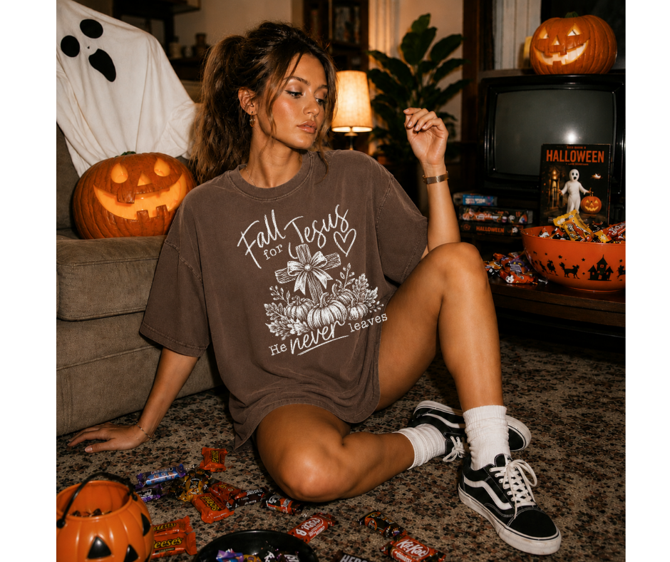 SINGLE COLOR SCREEN PRINT - FALL FOR JESUS HE NEVER LEAVES