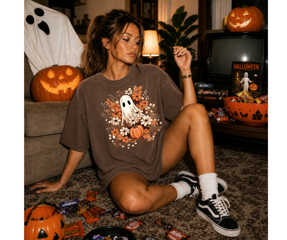 FULL COLOR SCREEN PRINT - GHOST FLOWERS PUMPKINS