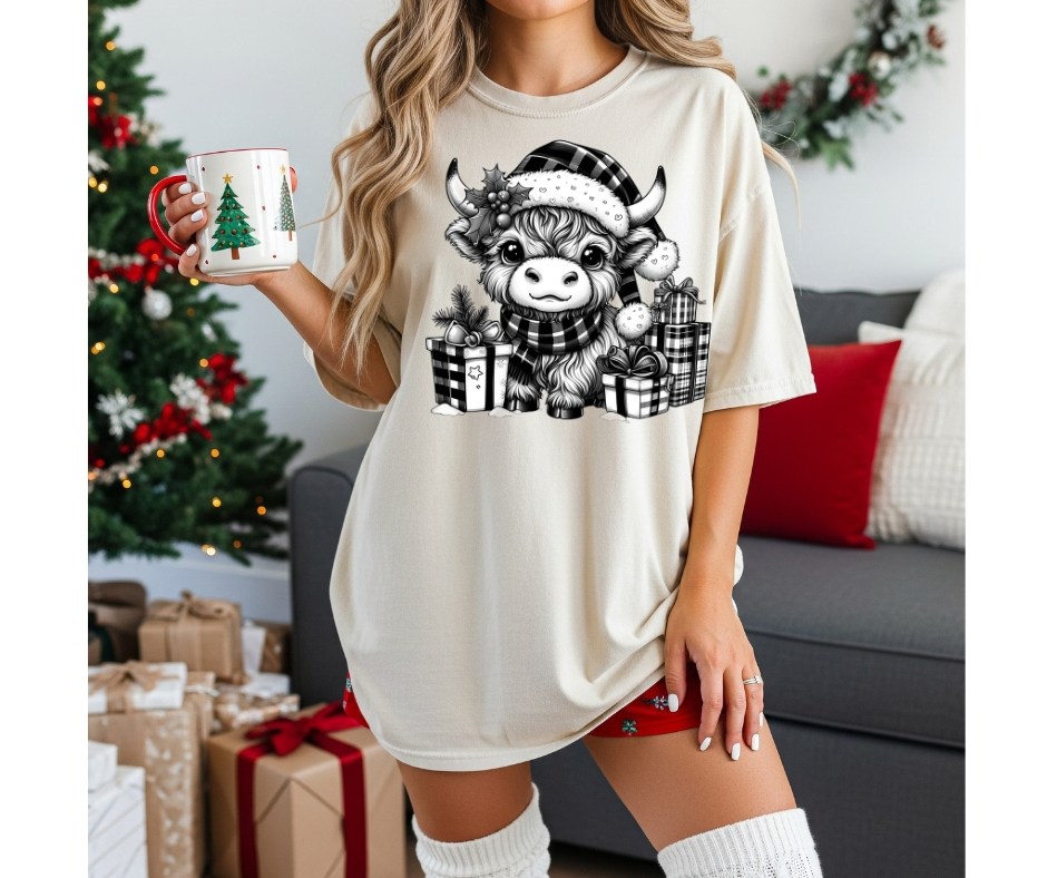 SINGLE COLOR SCREEN PRINT - COW CHRISTMAS (ALL BLACK)