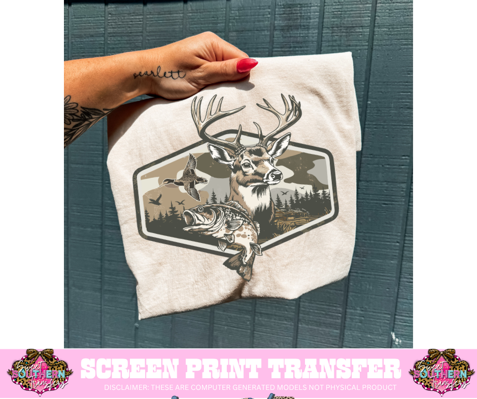 FULL COLOR SCREEN PRINT - HUNTING DUCK DEER FISH