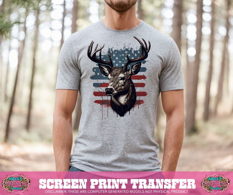 FULL COLOR SCREEN PRINT - DEER AMERICAN FLAG