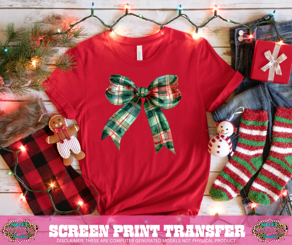 FULL COLOR SCREEN PRINT  - CHRISTMAS BOW CHECKERED PLAID