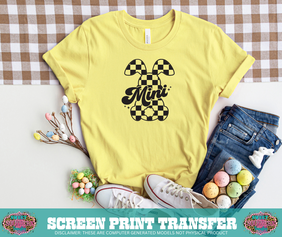 SINGLE COLOR SCREEN PRINT TRANSFER   - MINI CHECKERED BUNNY (8 INCHES)