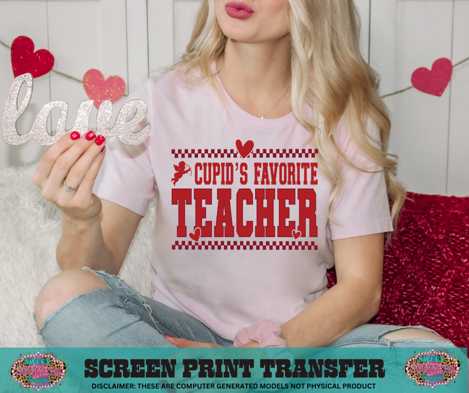 SINGLE COLOR SCREEN PRINT - CUPID FAVORITE TEACHER CHECKERED