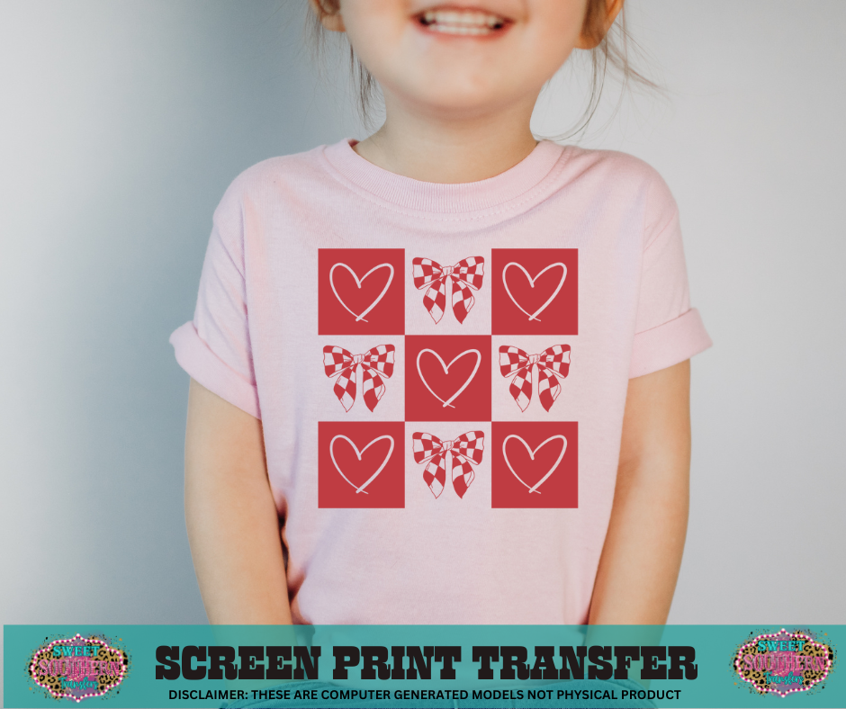 SINGLE COLOR SCREEN PRINT - CHECKERED BOW HEART