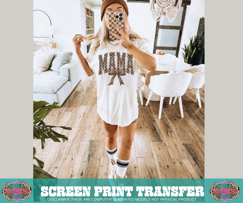 FULL COLOR SCREEN PRINT  - MAMA CHECKERED BOW