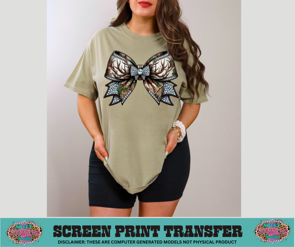 FULL COLOR SCREEN PRINT  - RINESTONE CAMO BOW