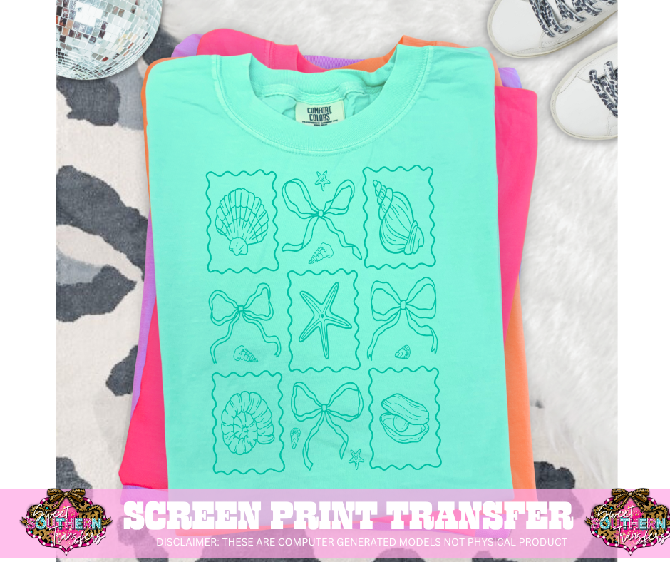 SINGLE COLOR SCREEN PRINT TRANSFER   - TEAL BOW SHELLS