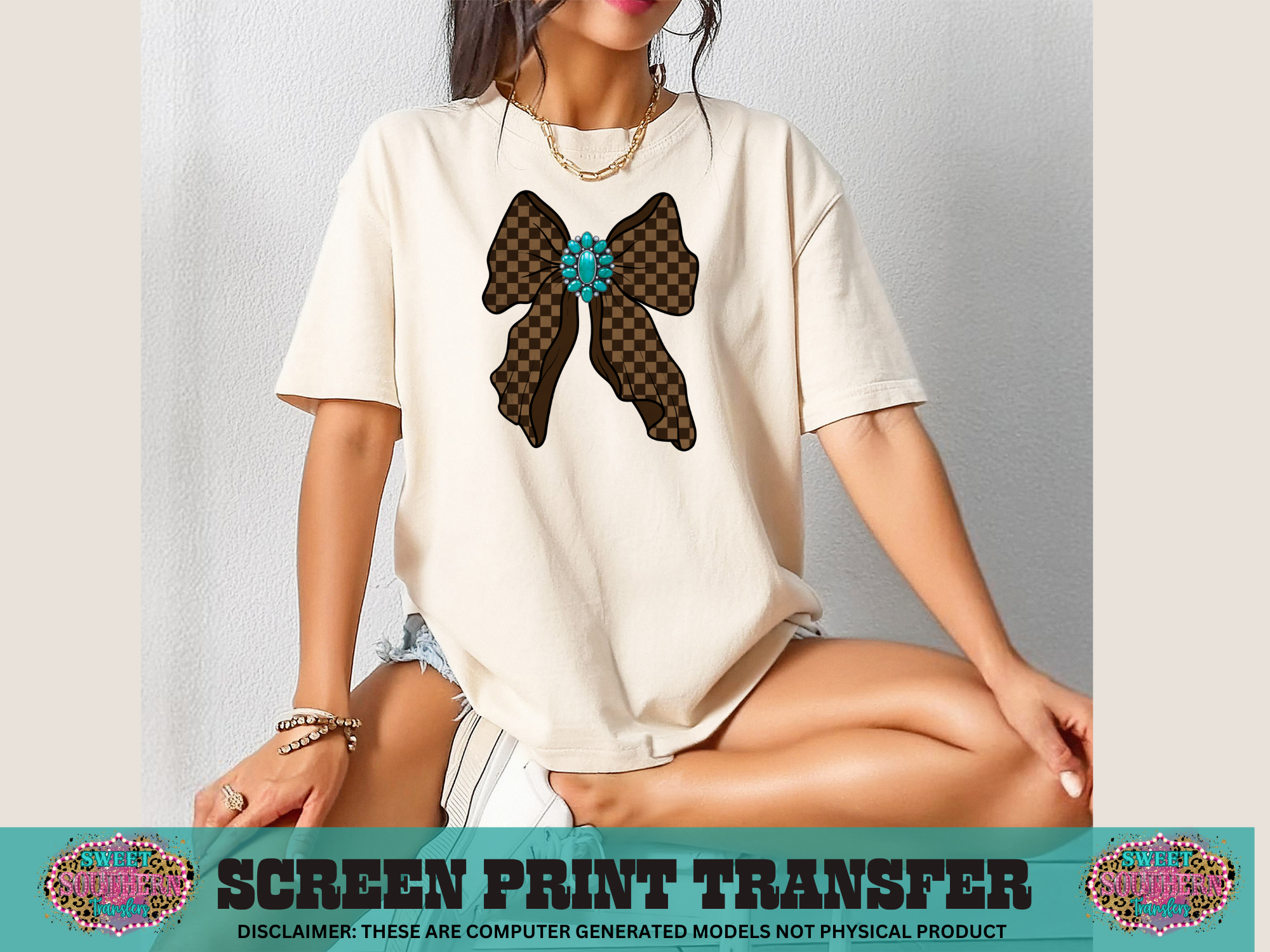 FULL COLOR SCREEN PRINT  - CHECKERED TEAL BOW