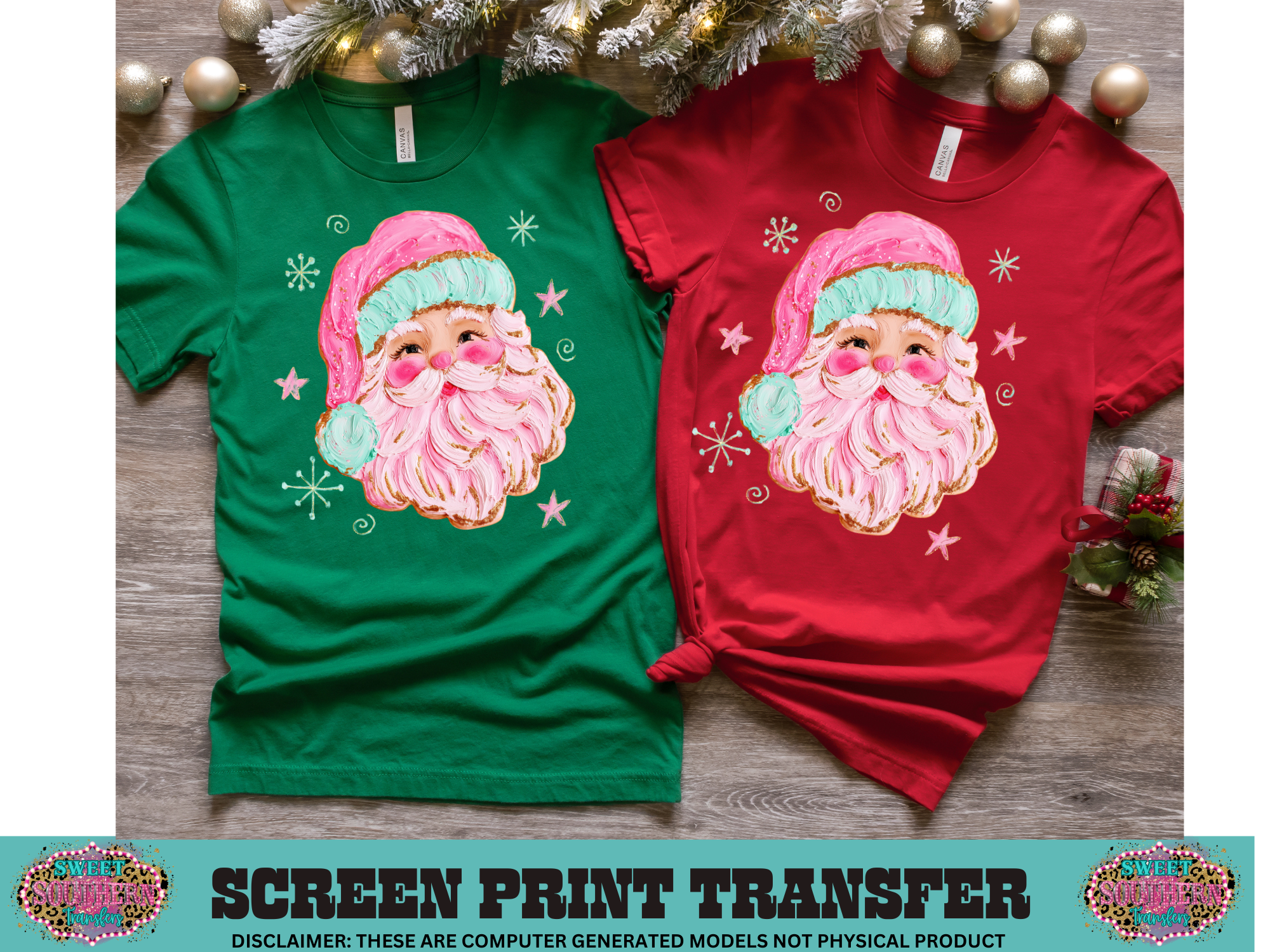 FULL COLOR SCREEN PRINT  - PINK SANTA STARS