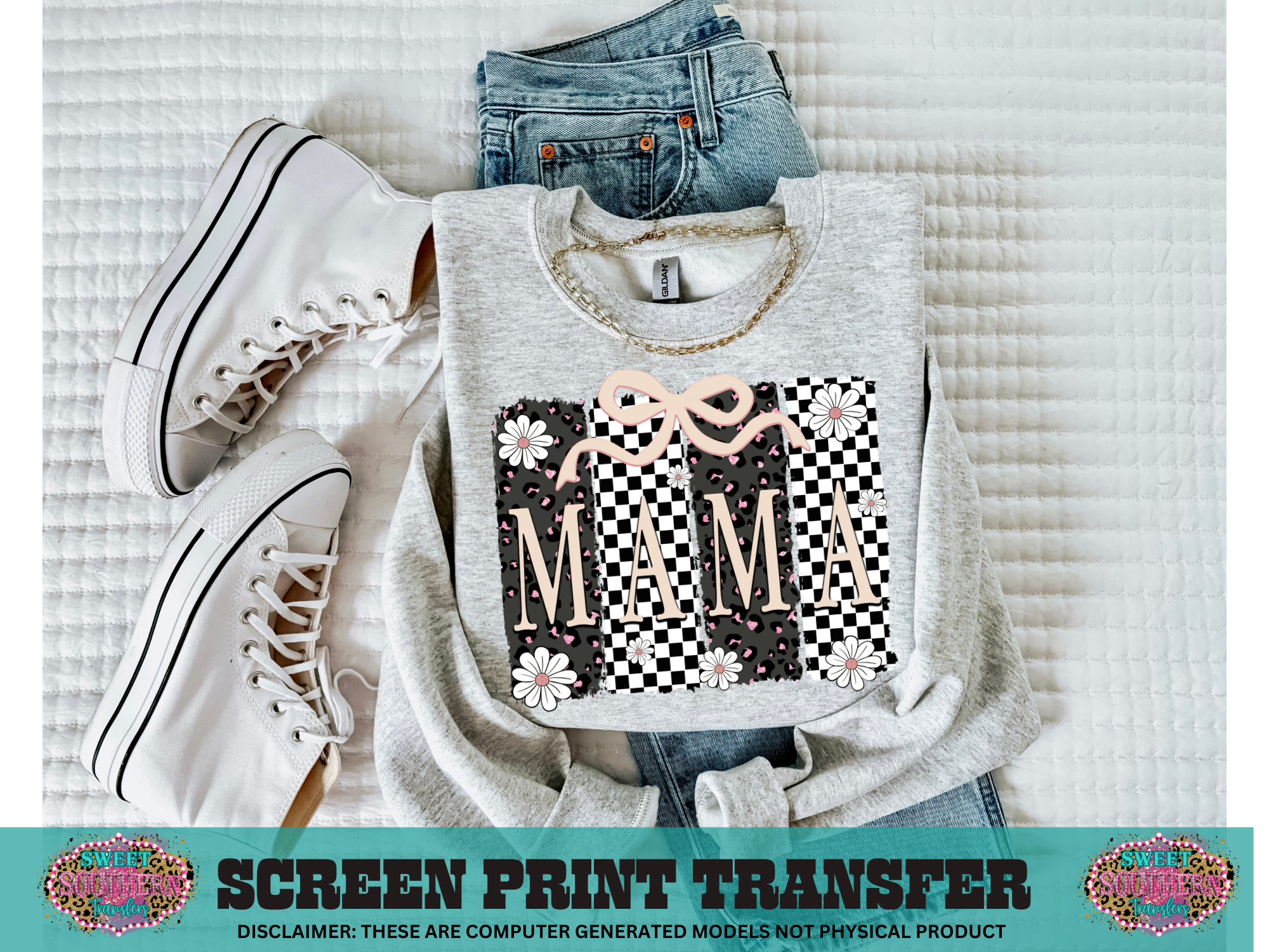 FULL COLOR SCREEN PRINT  -  MAMA NUDE CHECKERED PINK CHEETAH