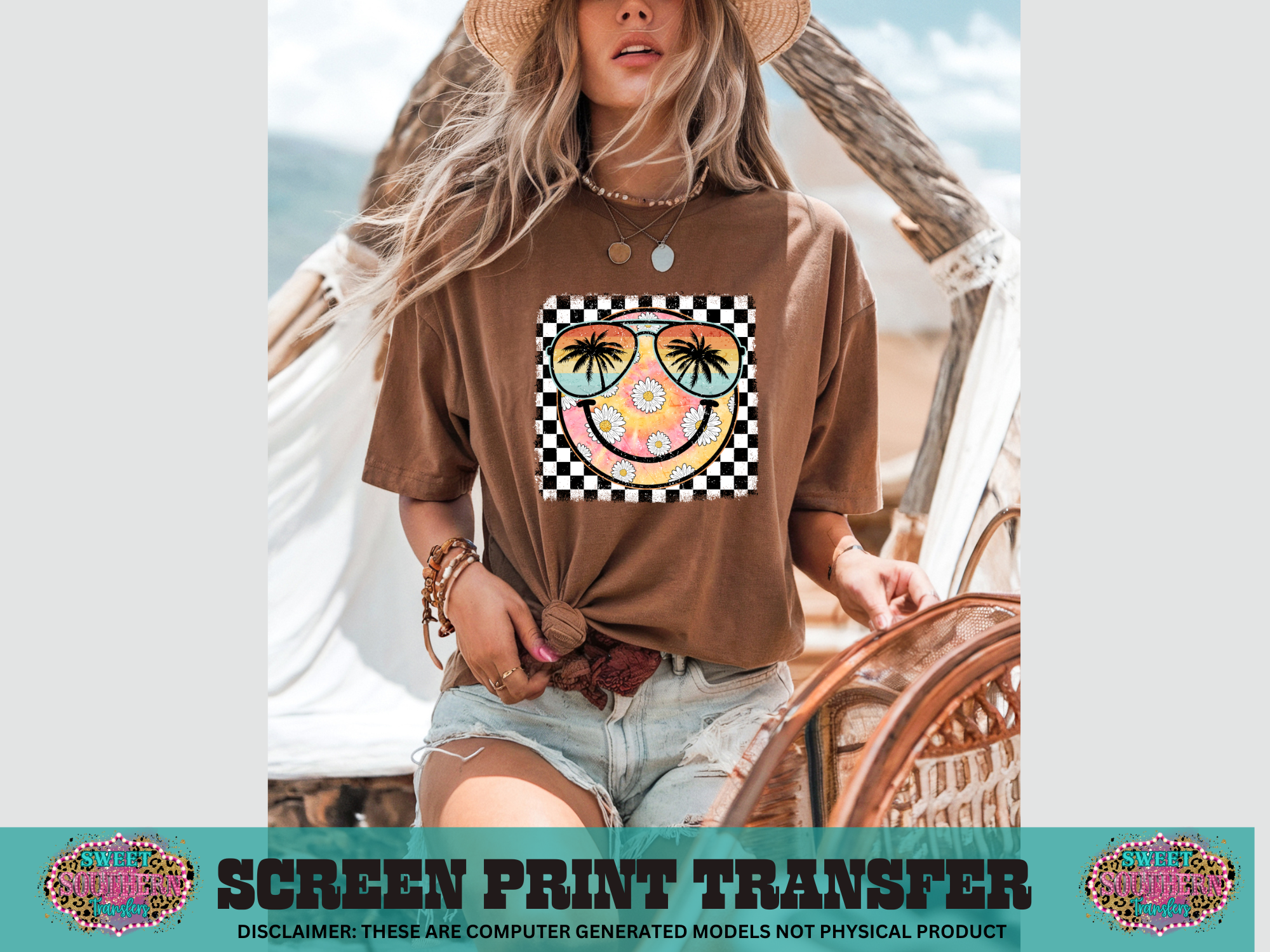 FULL COLOR SCREEN PRINT  - BEACH SMILEY CHECKERED