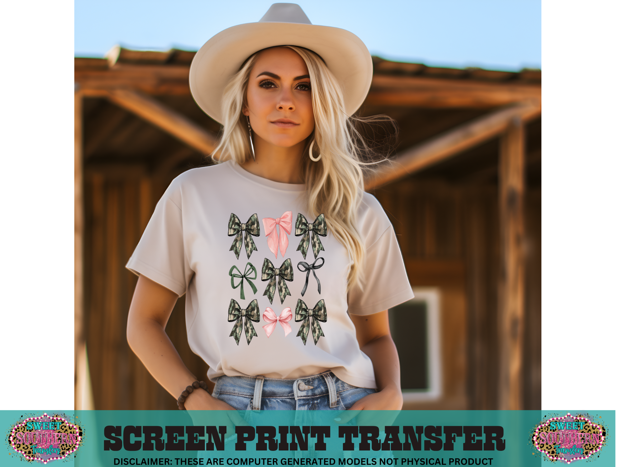 FULL COLOR SCREEN PRINT  - CAMO PINK BOWS