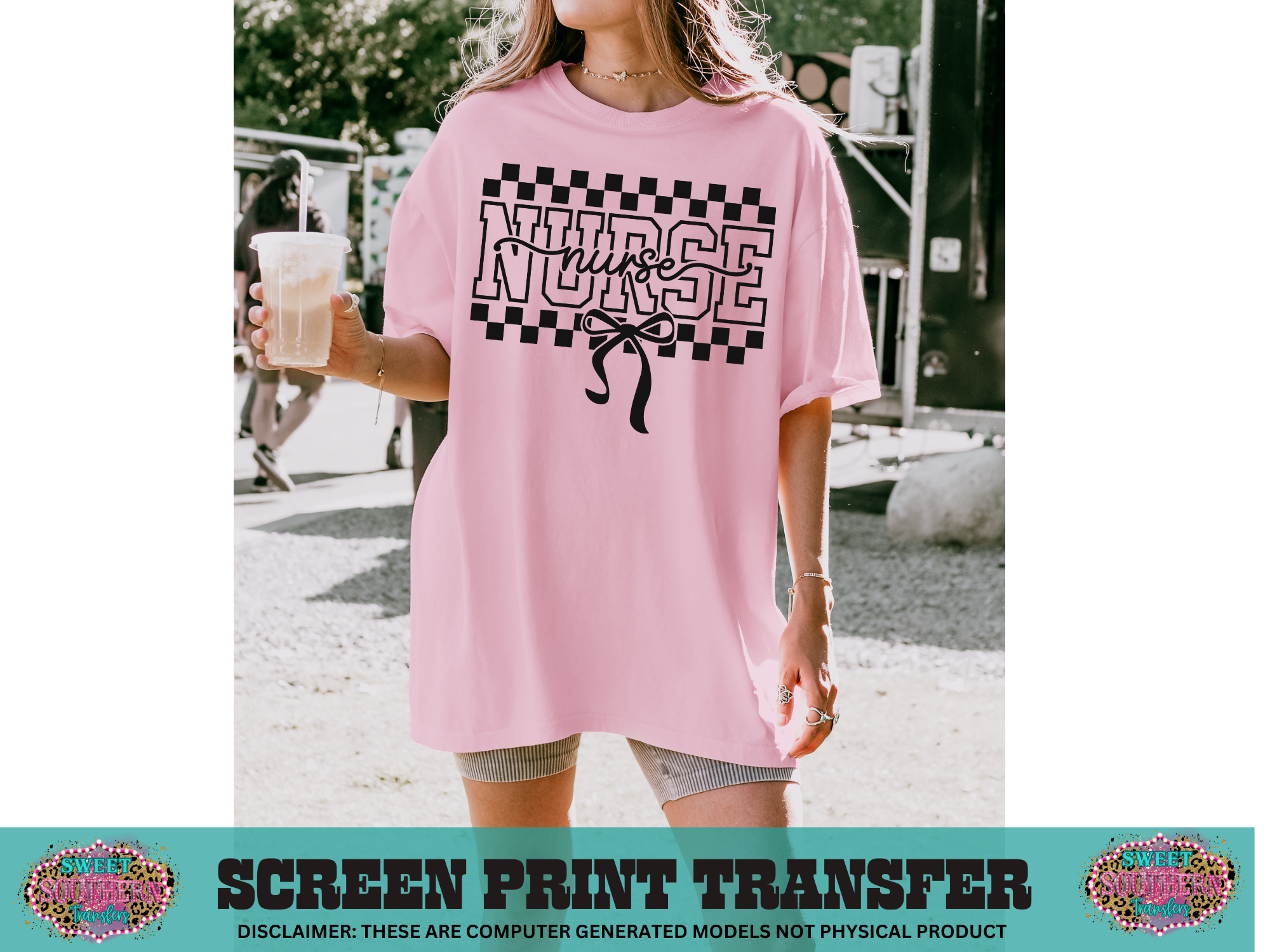 SINGLE COLOR SCREEN PRINT - NURSE BOW CHECKERED