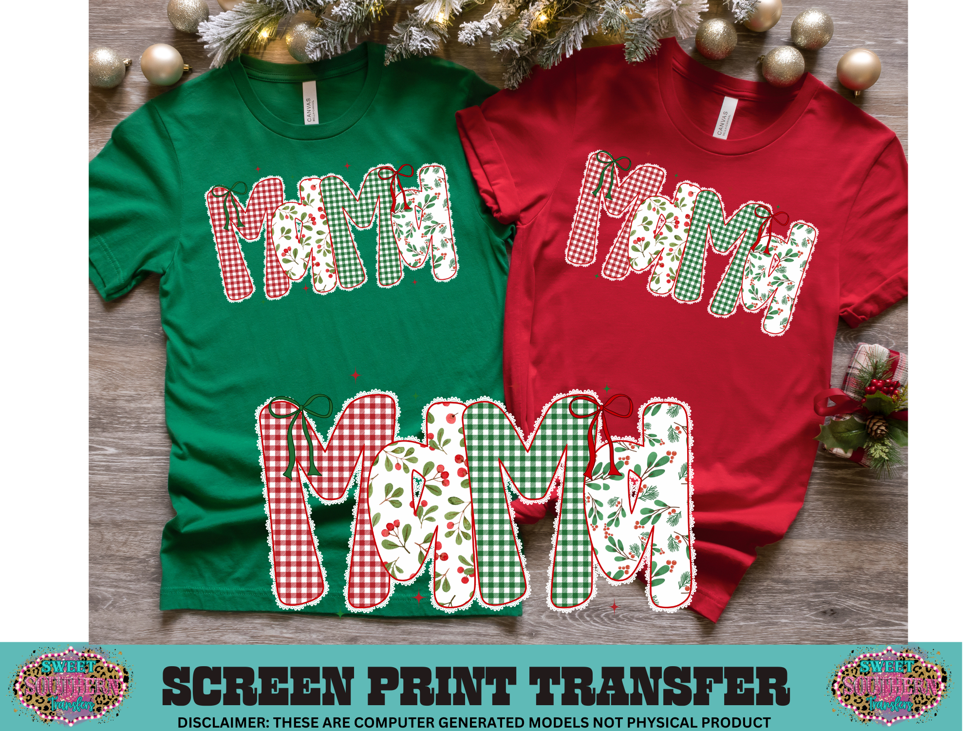 FULL COLOR SCREEN PRINT  - MAMA CHRISTMAS RED GREEN CHECKERED