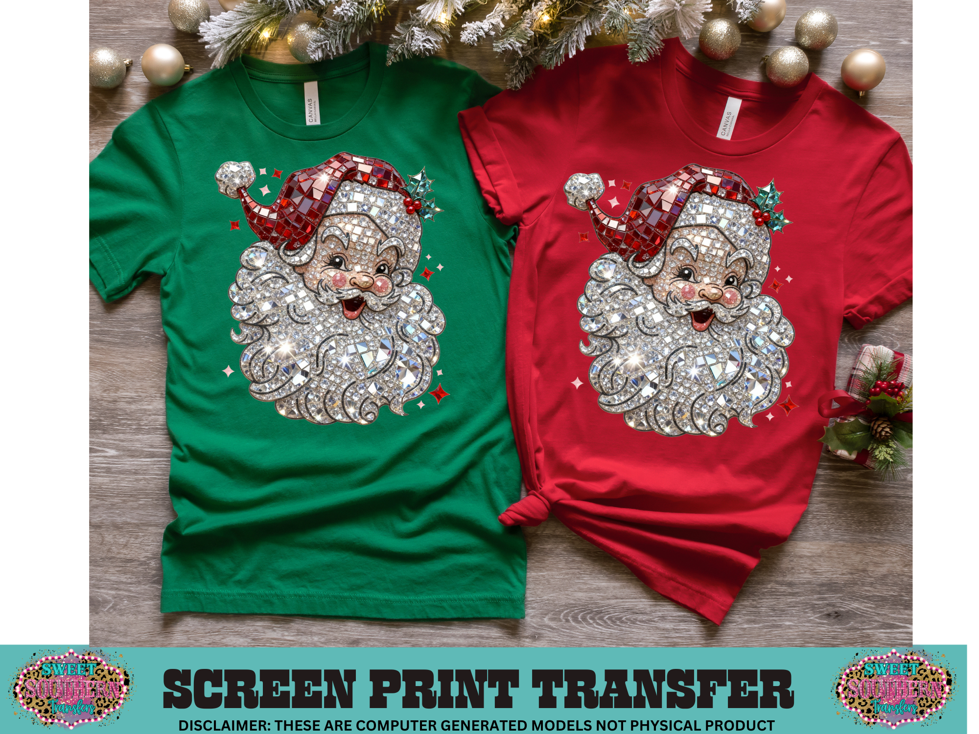 FULL COLOR SCREEN PRINT  - SANTA RHINESTONE GLITTLER