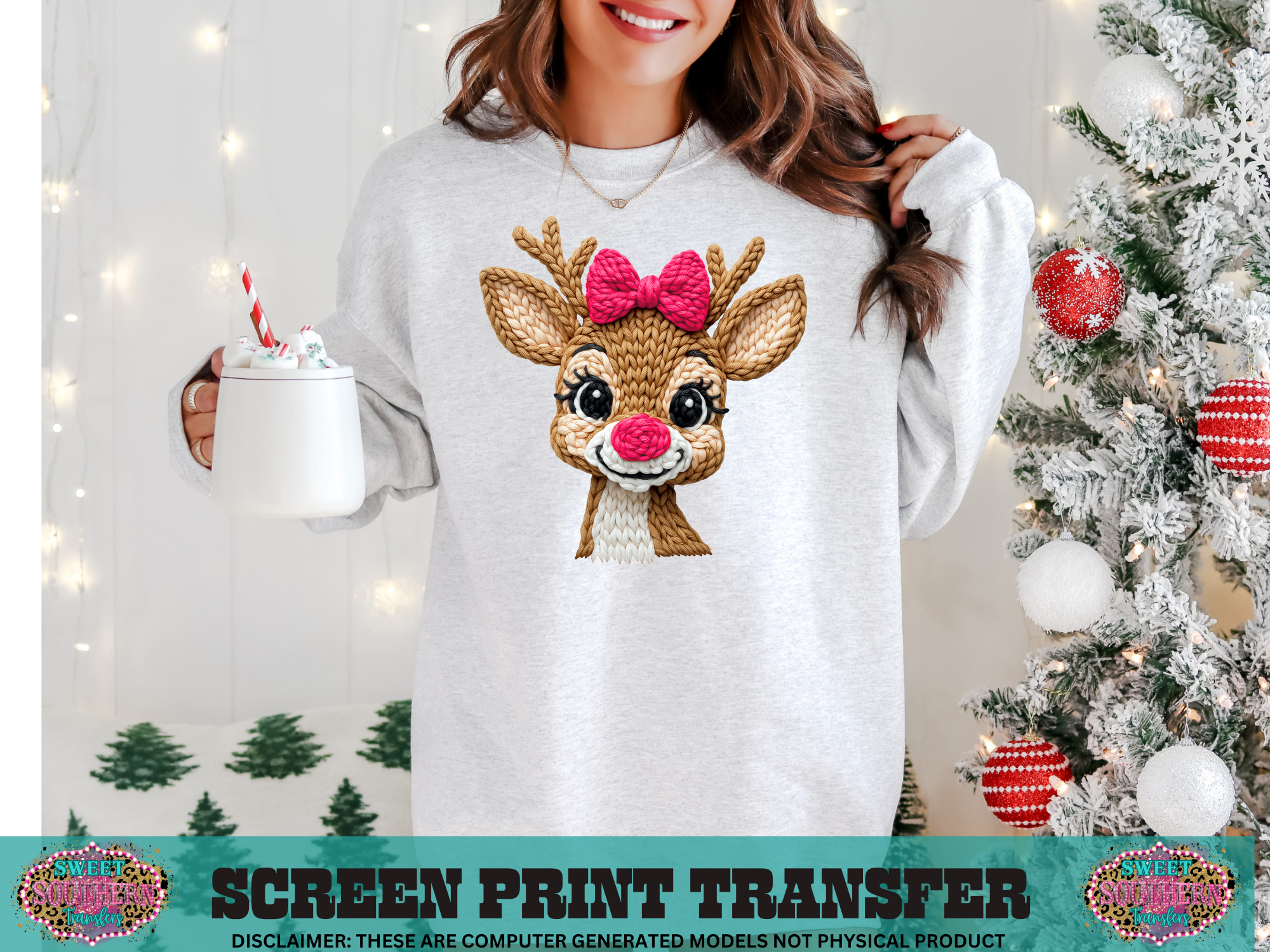 FULL COLOR SCREEN PRINT  - REINDEER PINK NOSE AND BOW