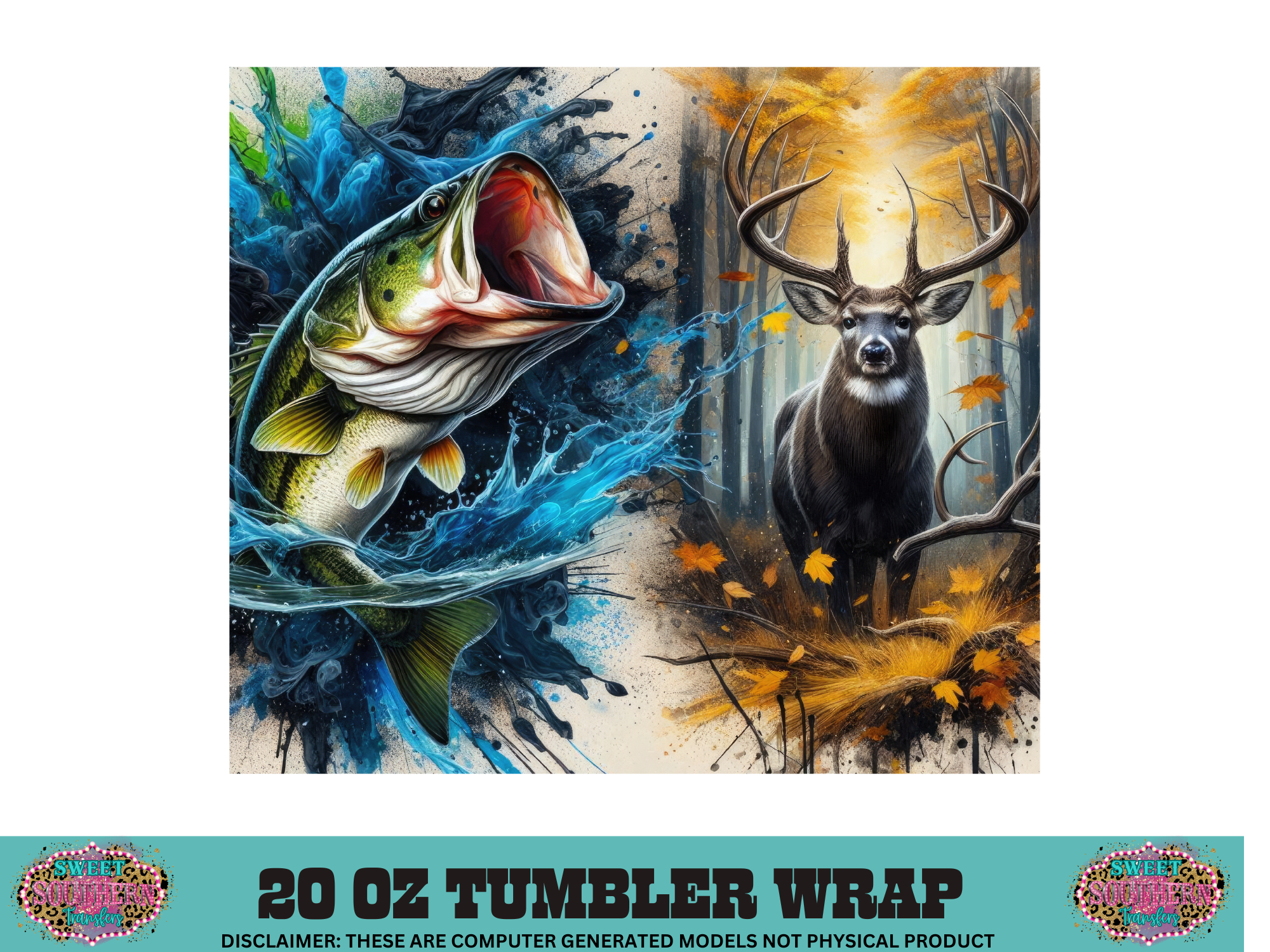 20 OZ SUBLIMATION TUMBLER WRAP - DEER FISH SPLASH