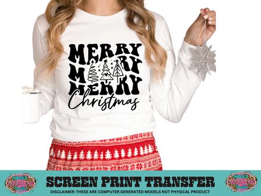 SINGLE COLOR SCREEN PRINT   - MERRY CHRISTMAS RETRO 3 TREES