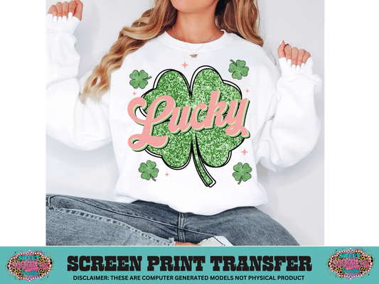 FULL COLOR SCREEN PRINT  - LUCKY GLITTER CLOVER - SMALLER TO SCALE