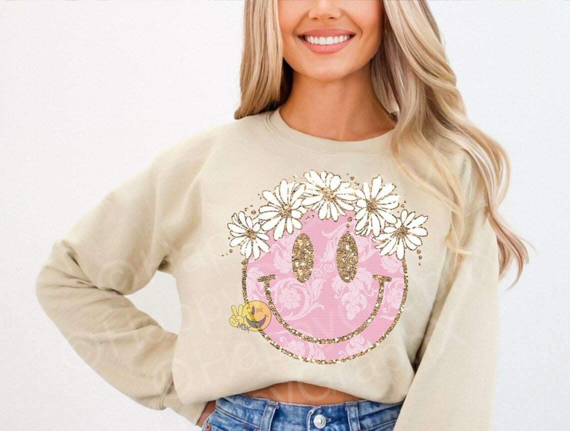 FULL COLOR SCREEN PRINT - SMILEY PINK GLITTER DAISY
